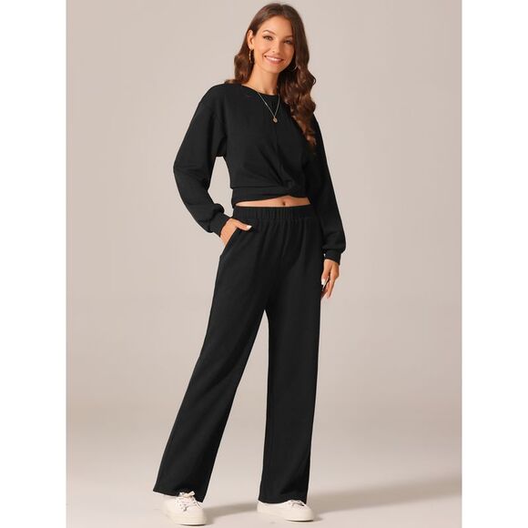Two Piece Outfits Sweatsuit Sweatshirt Sweatpant Tracksuit Lounge Sets Black - Picture 2 of 6
